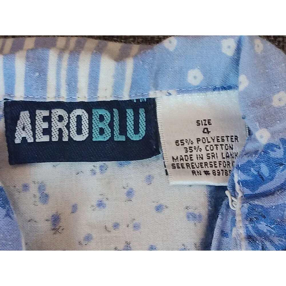 Aero Blu Shirt Size 4 Girls Blue White Quilt Print Vintage Short Sleeve Ruffles